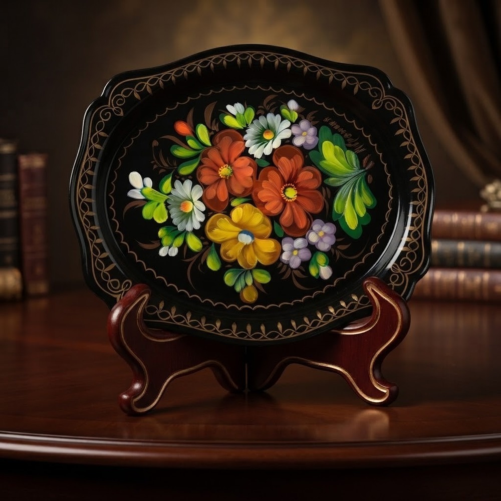 Vtg Russian Zhostovo Toleware Metal Tray Signed Gromova Handpainted Floral Black
